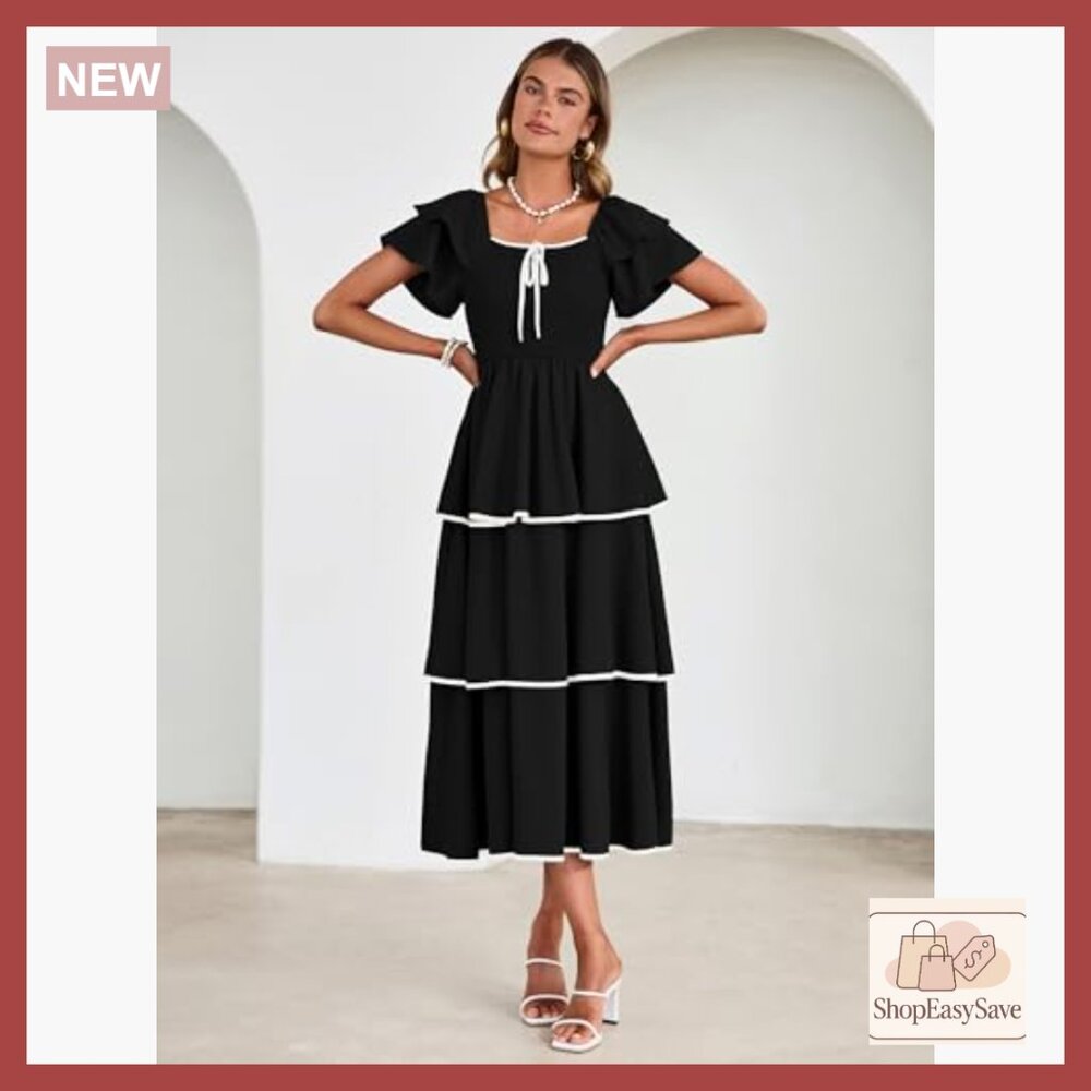 Boho Maxi Dress Smocked Tiered Square Neck Ruffle Casual Wedding Guest - Picture 4 of 7
